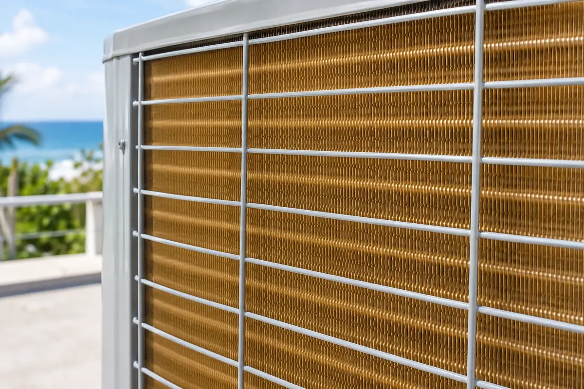 Close-up of an outdoor AC coil whose aluminum fins carry a bronze-colored protective coating behind a wire grille