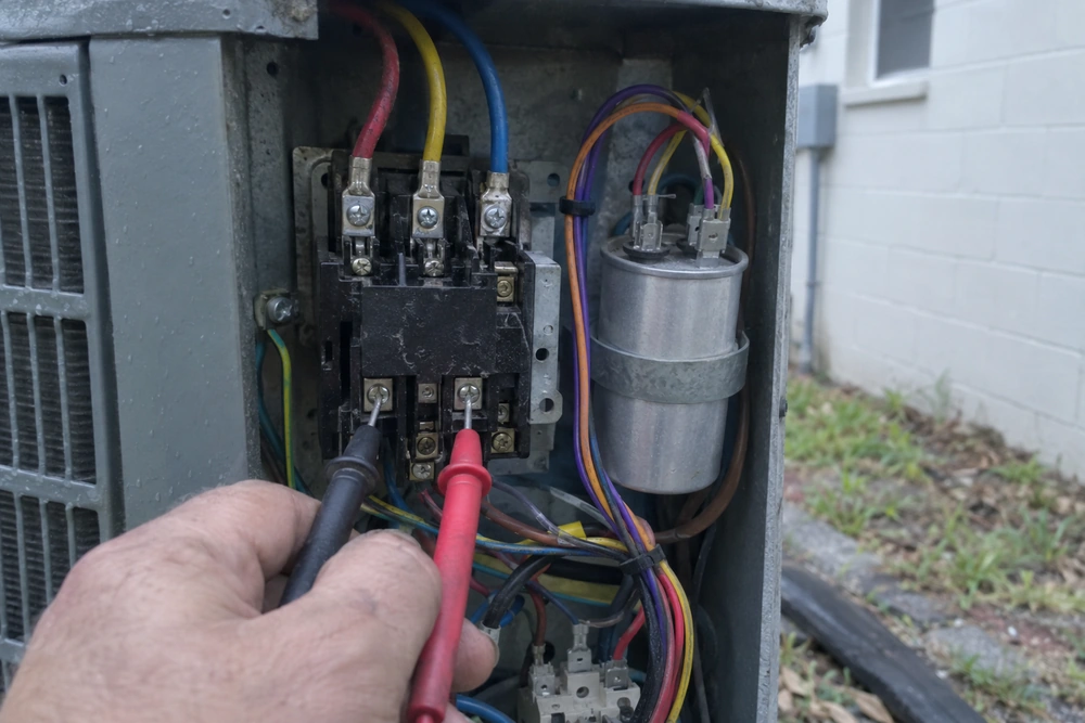 Technician using a multimeter to test the contactor and capacitor inside an opened outdoor heat pump unit