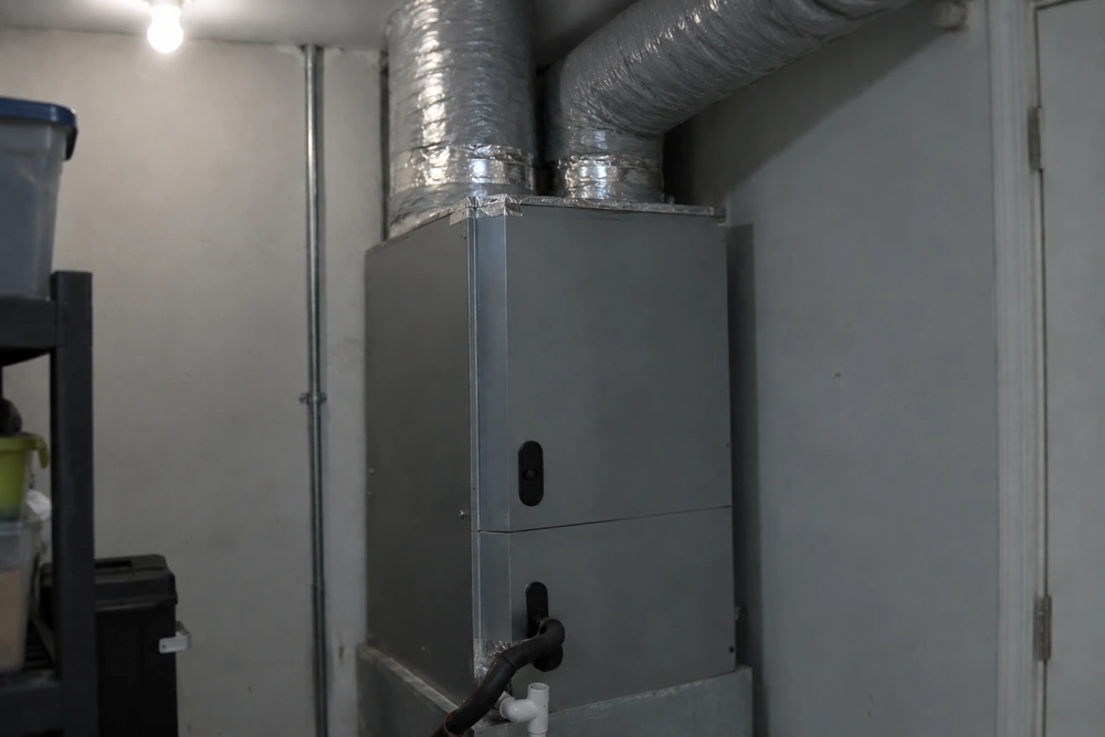 Newly installed indoor air handler with flexible ductwork in a Florida utility closet